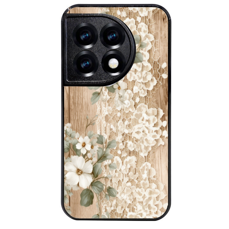 Coque noire taperso pour OnePlus 11 et 12 avec motif bois et dentelle 1 protection antichoc personnalisée
