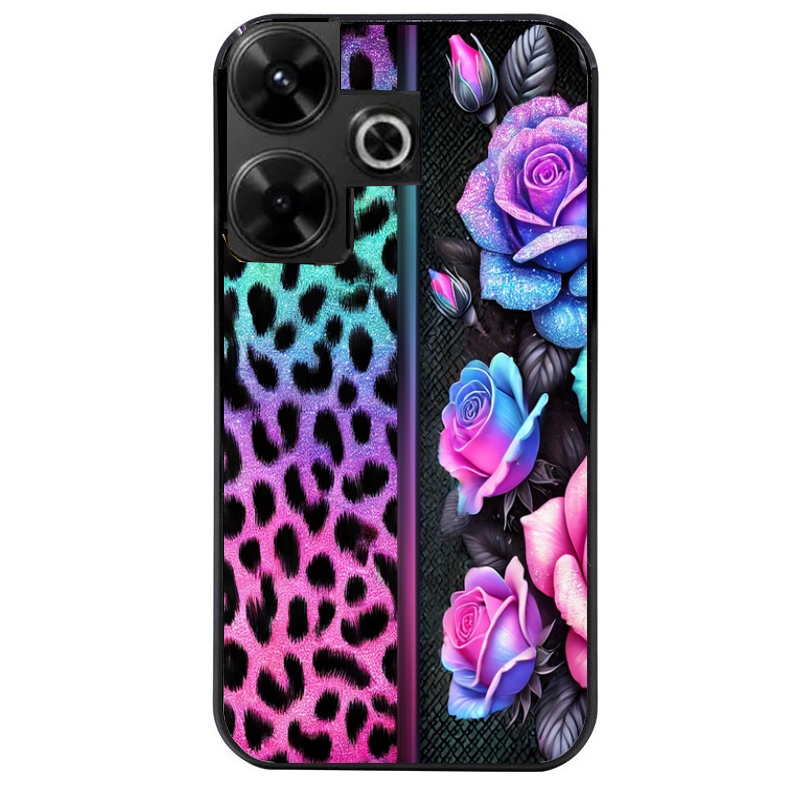 Coque noire taperso pour POCO M6 4G avec motif leopard et fleur protection antichoc personnalisée