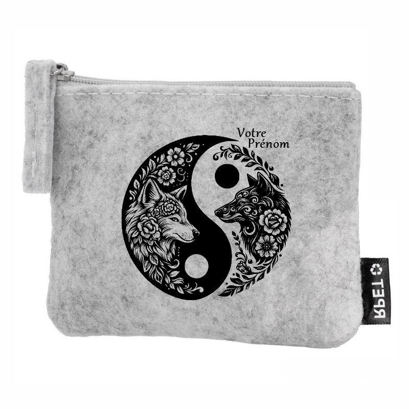 Porte monnaie personnalisé yin yang loup en feutrine en feutrine