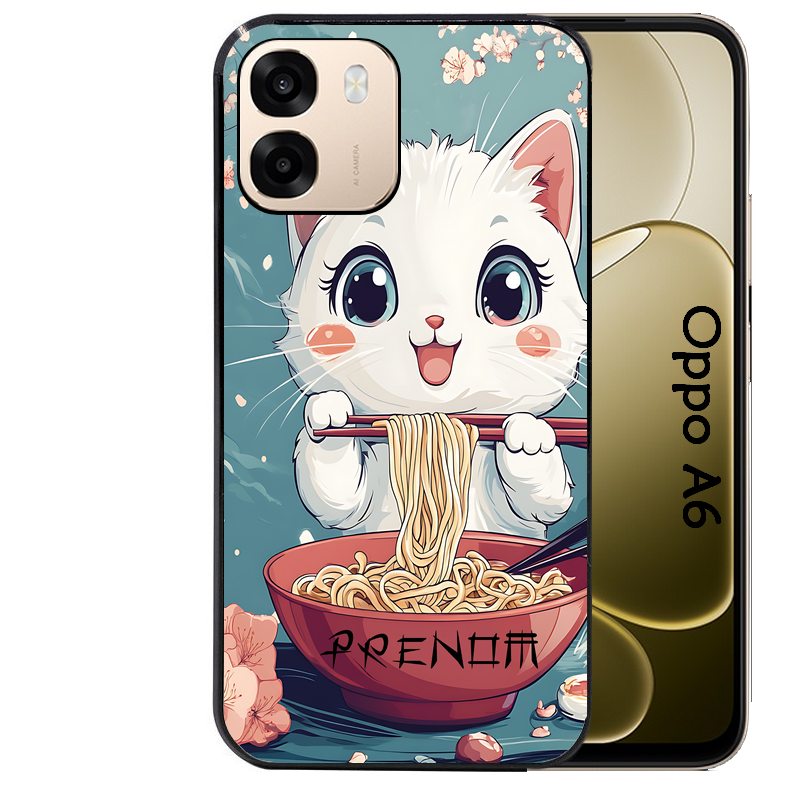 Coque noire taperso pour OPPO A6 A6X 4G et 5G avec motif chat ramen cerisier protection antichoc personnalisée