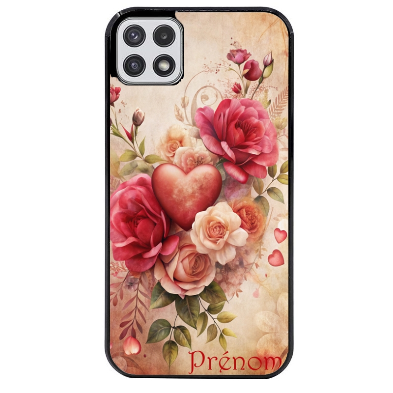 Coque noire taperso pour galaxy A22 A32 A52 A52S 4G 5G  avec motif coeur et fleur personnalisee protection antichoc personnalisée