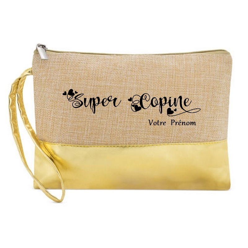 Pochette personnalisée super copine en jute et doré en jute et doré