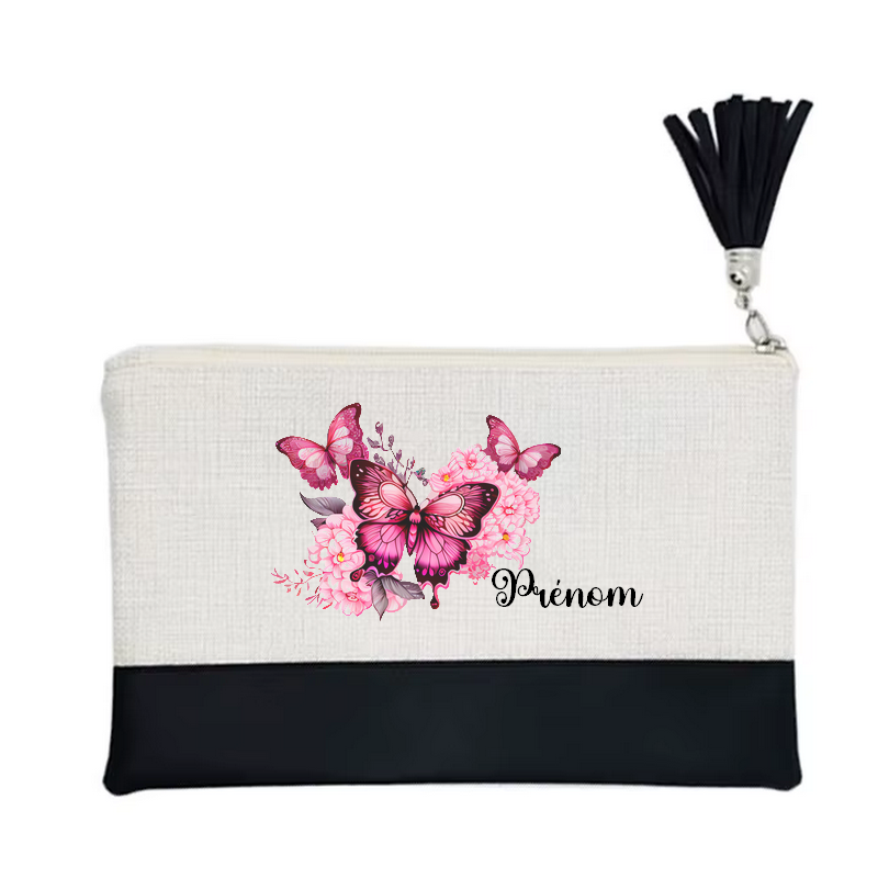 Pochette personnalisée motif papillon fleur en toile et simili cuir personnalisée