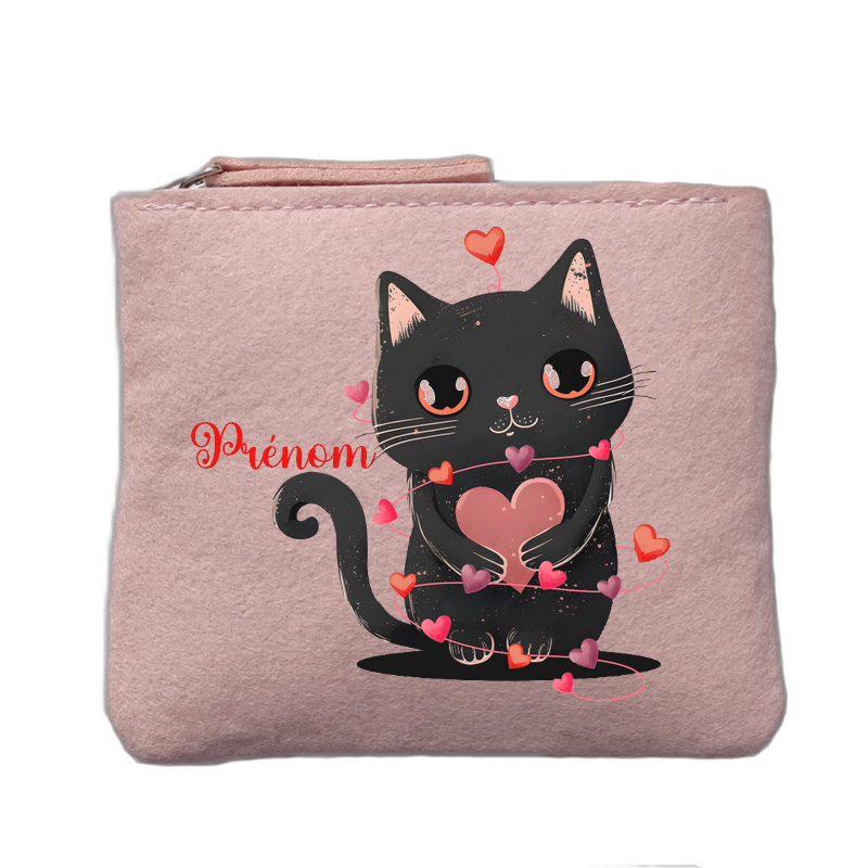Porte monnaie personnalisé motif chat saint valentin rose clair en feutrine en feutrine