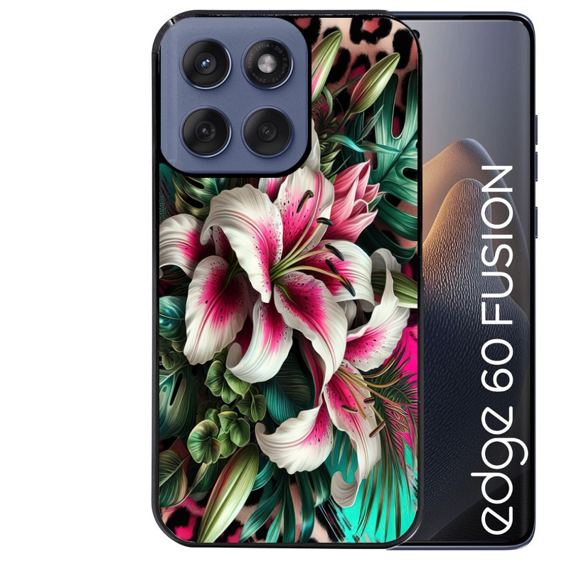 Coque noire taperso pour Moto Edge 60 et Neo Fusion Pro avec motif leopard hibiscus protection antichoc personnalisée