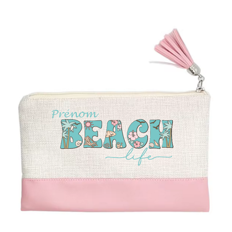 Pochette personnalisée motif plage fleur en toile et simili cuir personnalisée