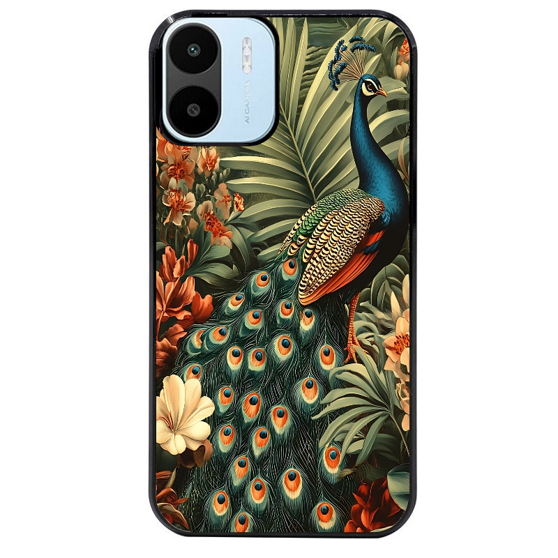 Coque noire taperso pour Redmi A1 et A2 avec motif paon tropical protection antichoc personnalisée