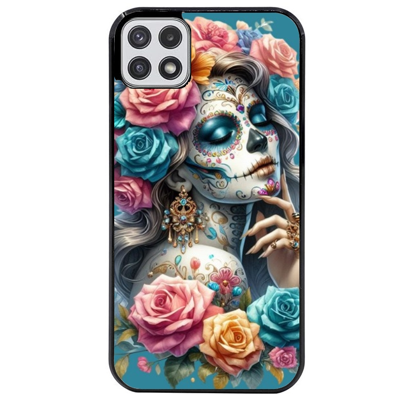 Coque noire taperso pour galaxy A22 A32 A52 A52S 4G 5G  avec motif tete de mort calavera bleu protection antichoc personnalisée
