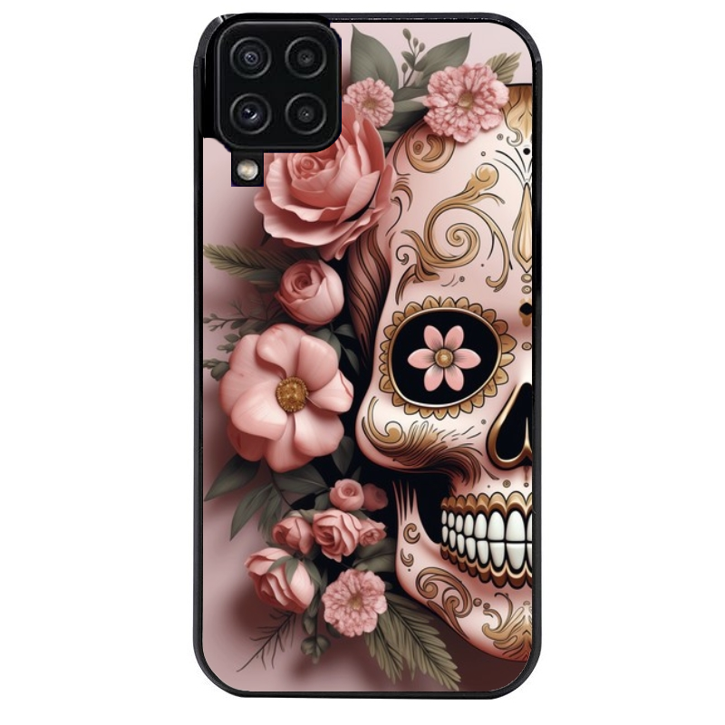 Coque noire taperso pour galaxy A22 A32 A52 A52S 4G 5G  avec motif tete de mort calavera rose protection antichoc personnalisée
