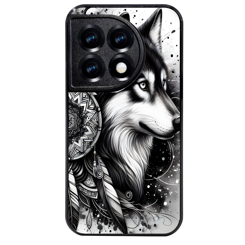 Coque noire taperso pour OnePlus 11 et 12 avec motif loup dreamcatcher protection antichoc personnalisée