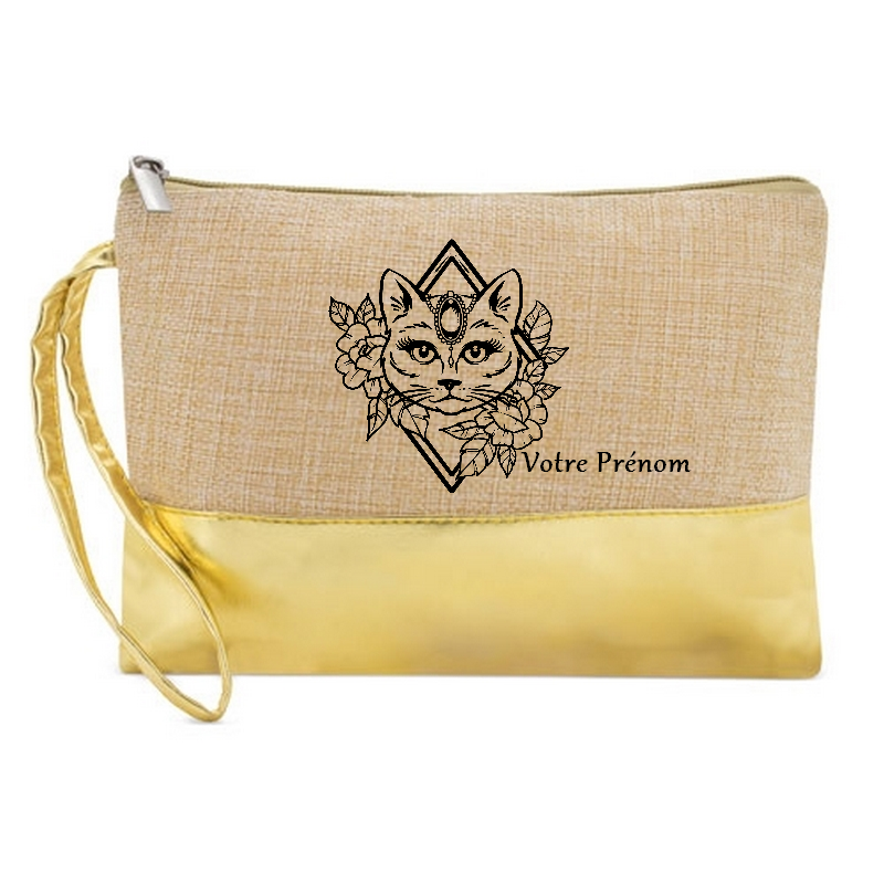 Pochette personnalisée chat et feur en jute et doré en jute et doré