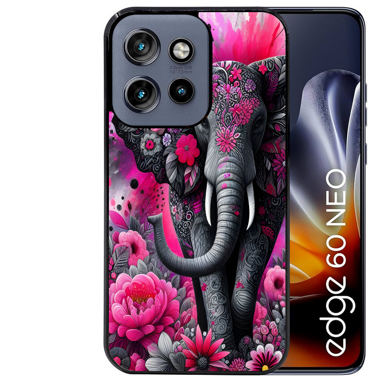 Coque noire taperso pour Moto Edge 60 et Neo Fusion Pro avec motif elephant et fleurs protection antichoc personnalisée