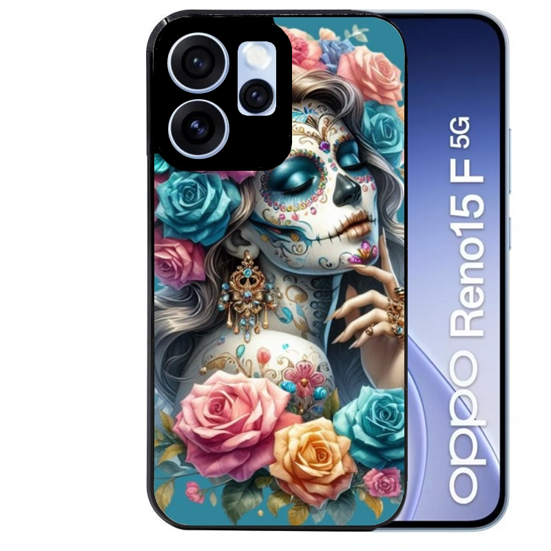 Coque noire taperso pour OPPO Reno 15 et F FS 5G avec motif tete de mort calavera bleu protection antichoc personnalisée