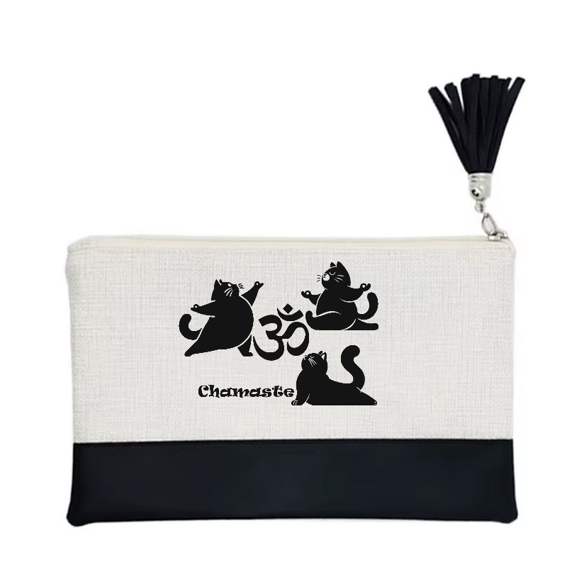 Pochette motif chat namaste en toile et simili cuir