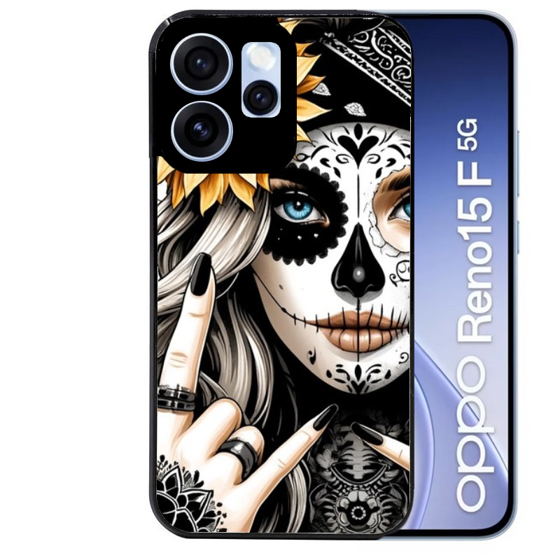 Coque noire taperso pour OPPO Reno 15 et F FS 5G avec motif tete de mort tatoo protection antichoc personnalisée