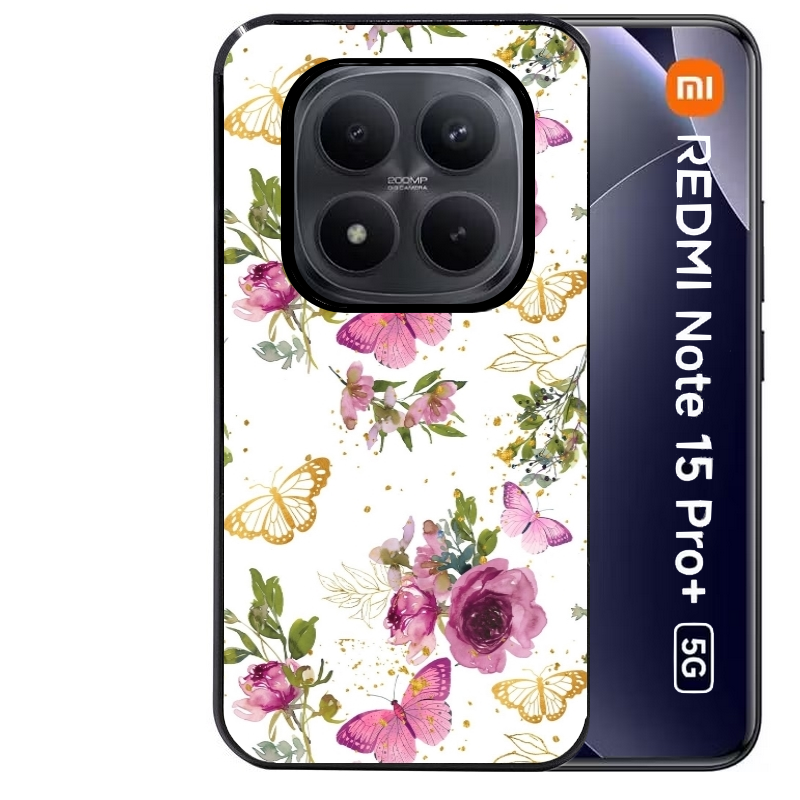 Coque noire taperso pour Redmi Note 15 et PRO PLUS 4G 5G avec motif fleur et papillon protection antichoc personnalisée