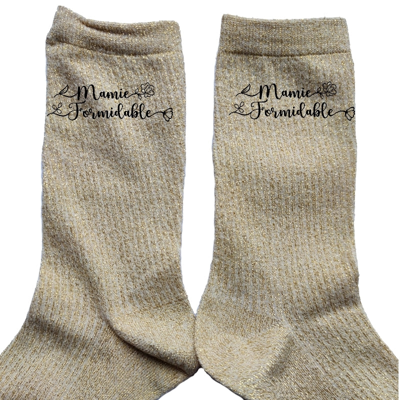 Chaussettes paillettes doré motif mamie formidable