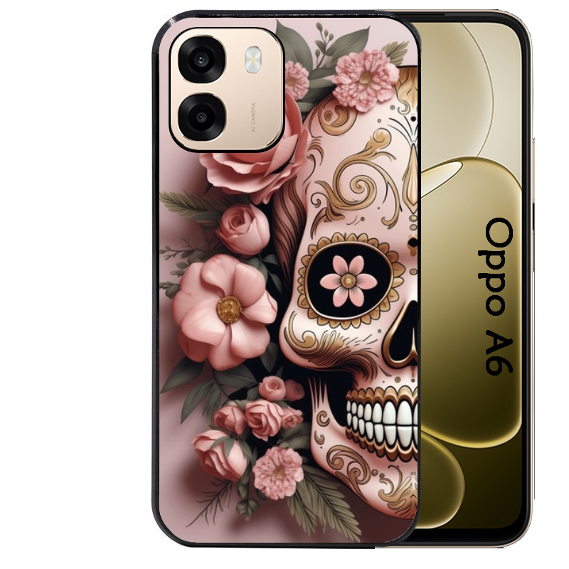 Coque noire taperso pour OPPO A6 A6X 4G et 5G avec motif tete de mort calavera rose protection antichoc personnalisée