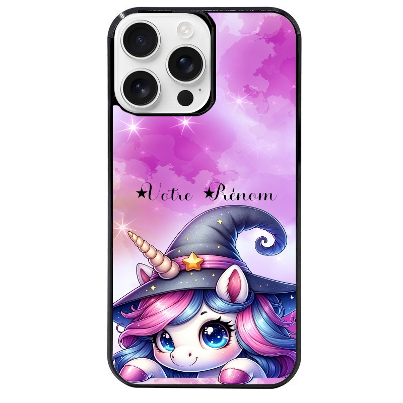 Coque noire taperso pour Iphone 16 16E PLUS MAX PRO avec motif licorne magic avec prenom protection antichoc personnalisée