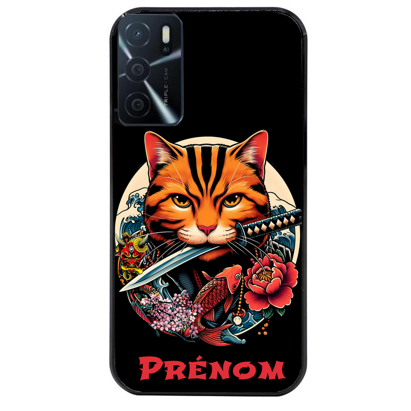 Coque noire taperso pour OPPO A16 et A16S avec motif chat carpe koii japan personnalise protection antichoc personnalisée
