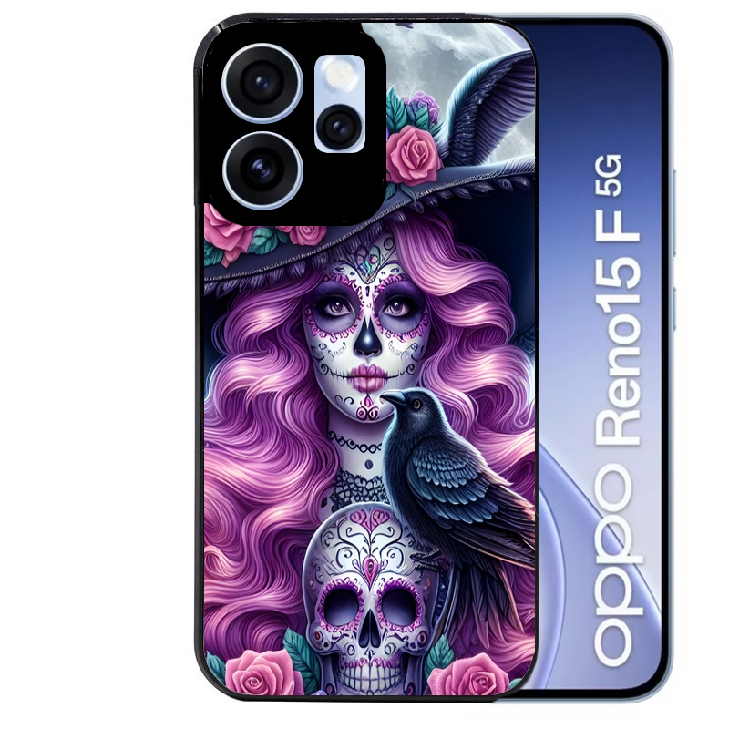 Coque noire taperso pour OPPO Reno 15 et F FS 5G avec motif tete de mort calavera et corbeau protection antichoc personnalisée