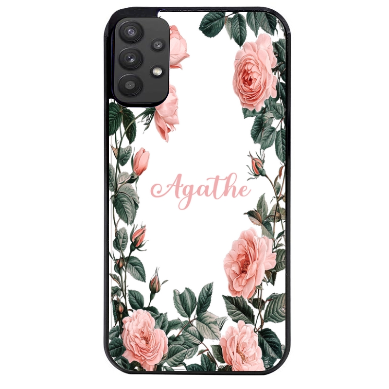Coque noire taperso pour galaxy A22 A32 A52 A52S 4G 5G  avec motif cadre fleur pastel personnalisee protection antichoc personnalisée