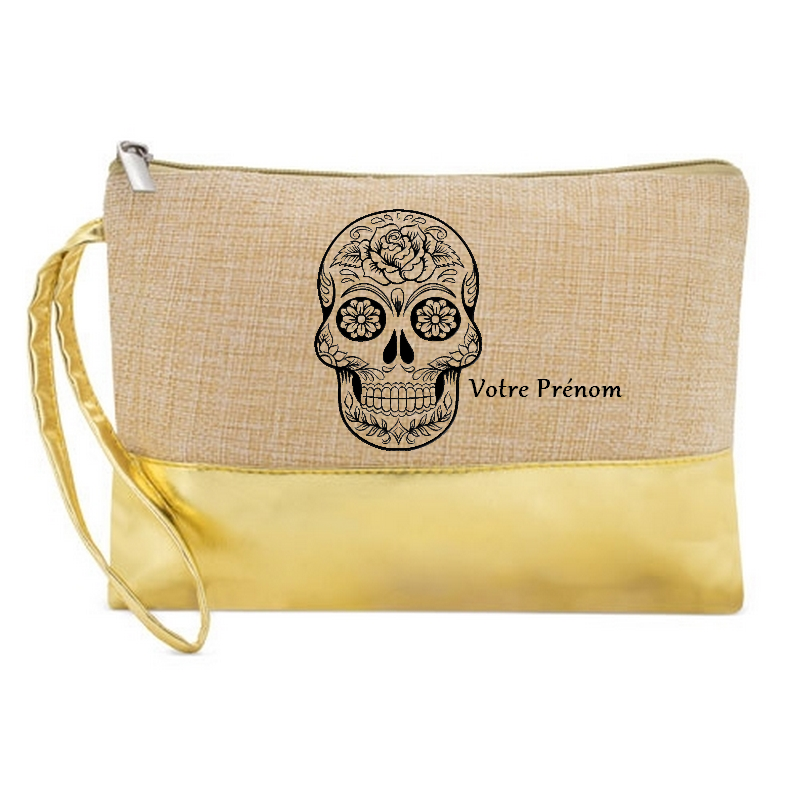 Pochette personnalisée tete de mort calavera en jute et doré en jute et doré