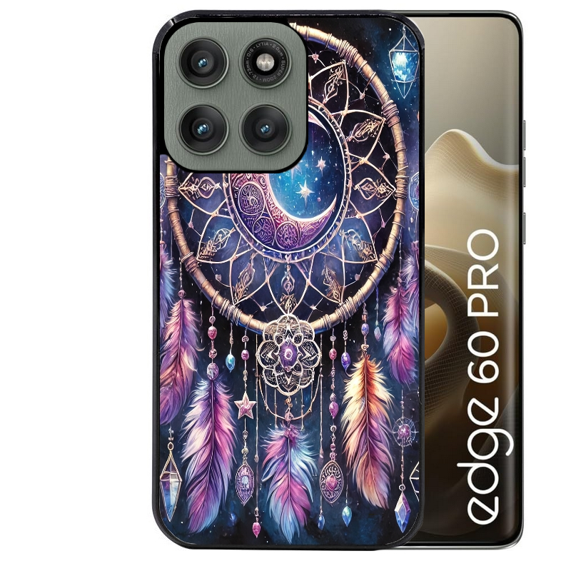 Coque noire taperso pour Moto Edge 60 et Neo Fusion Pro avec motif dreamcatcher et lune protection antichoc personnalisée