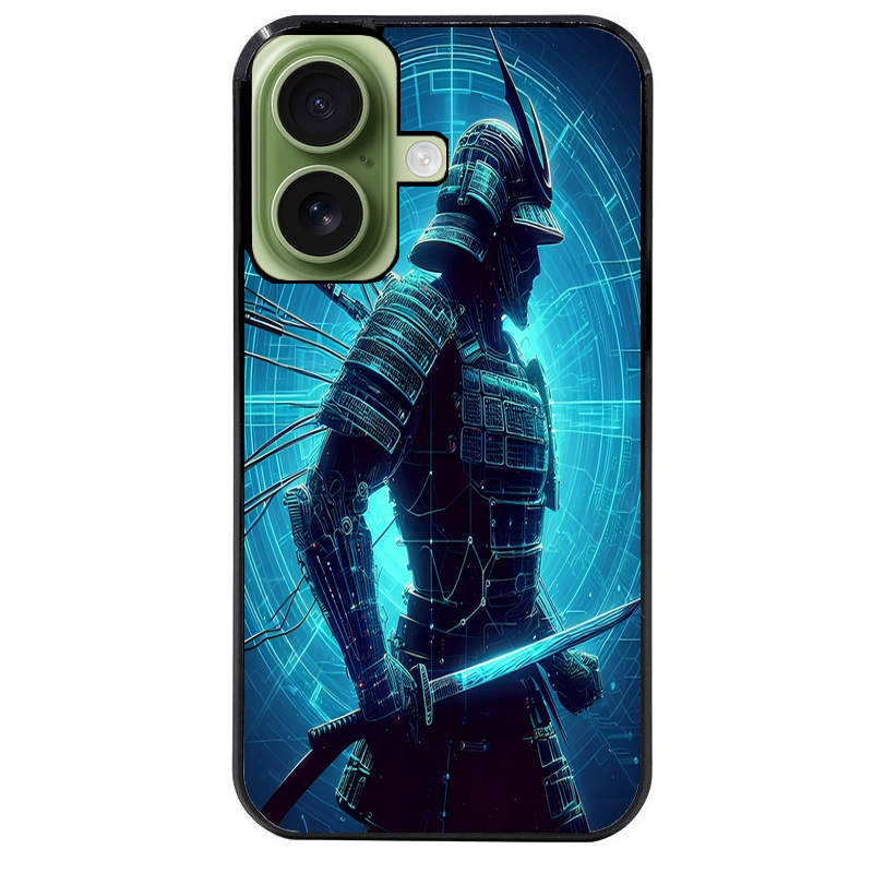 Coque noire taperso pour Iphone 16 16E PLUS MAX PRO avec motif samourai bleu protection antichoc personnalisée