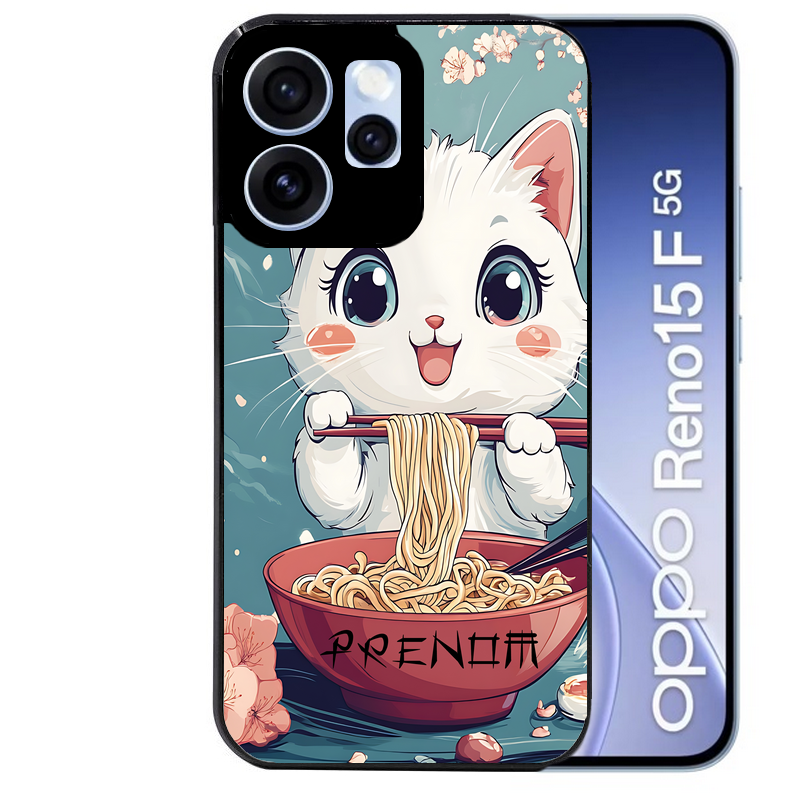 Coque noire taperso pour OPPO Reno 15 et F FS 5G avec motif chat ramen cerisier protection antichoc personnalisée
