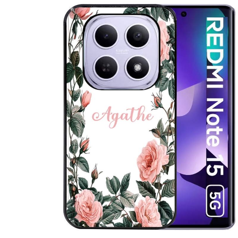 Coque noire taperso pour Redmi Note 15 et PRO PLUS 4G 5G avec motif cadre fleur pastel personnalisee protection antichoc personnalisée