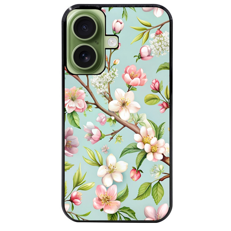 Coque noire taperso pour Iphone 16 16E PLUS MAX PRO avec motif fleur de printemps protection antichoc personnalisée