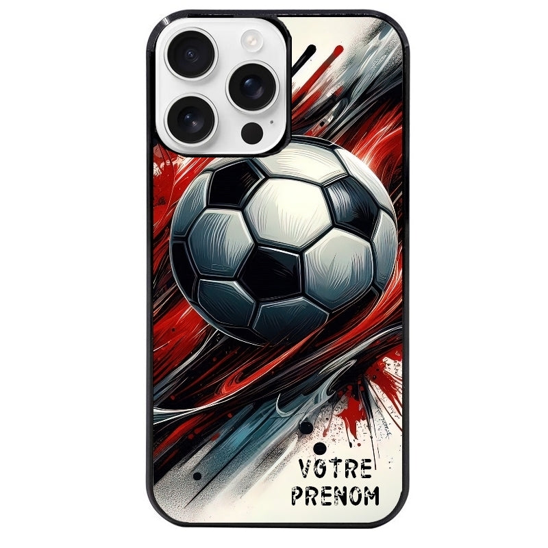 Coque noire taperso pour Iphone 16 16E PLUS MAX PRO avec motif ballon foot avec prenom protection antichoc personnalisée