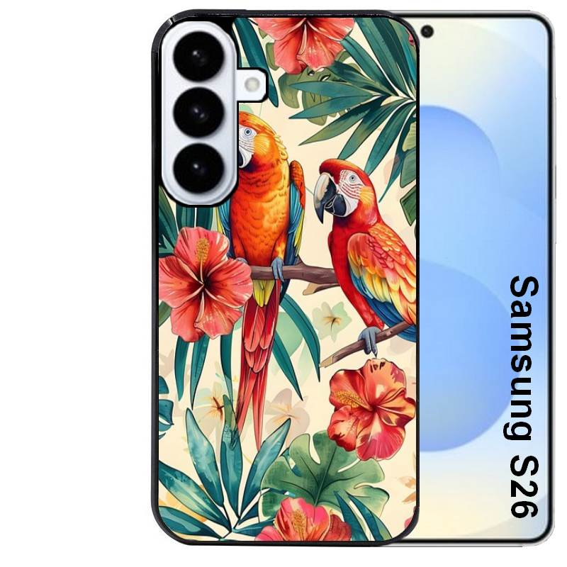 Coque noire taperso pour galaxy S26 et PLUS ULTRA FE avec motif perroquet et fleurs protection antichoc personnalisée