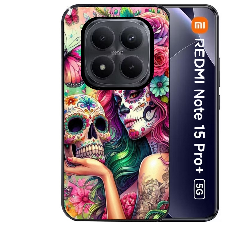 Coque noire taperso pour Redmi Note 15 et PRO PLUS 4G 5G avec motif tete de mort calavera skull protection antichoc personnalisée