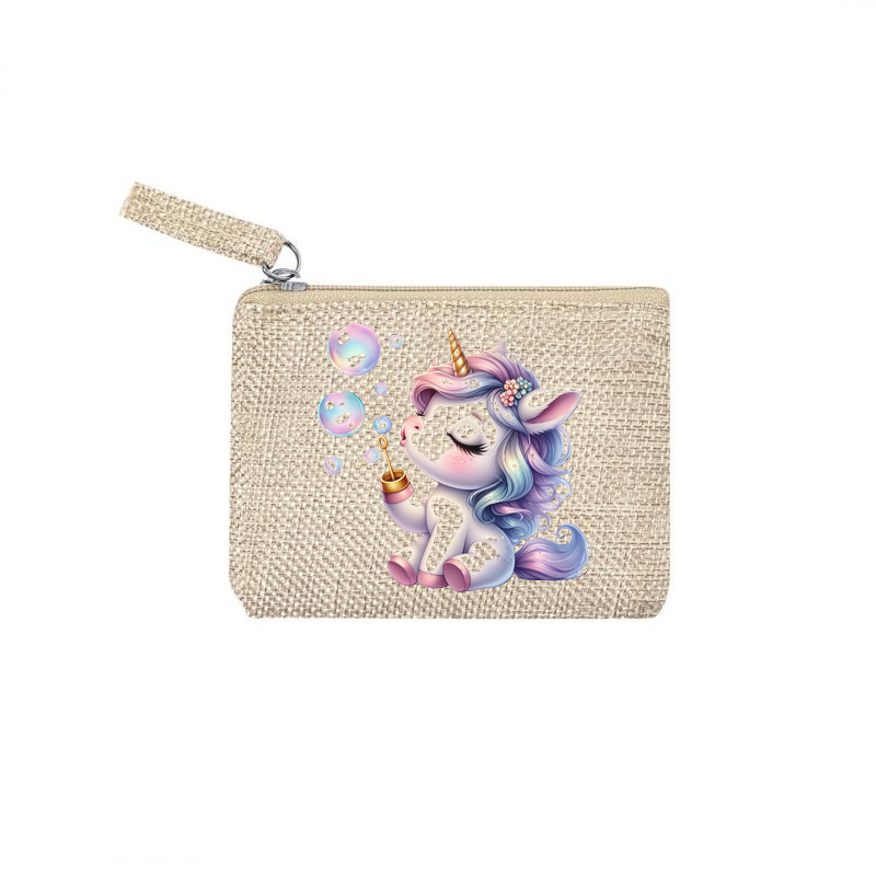 Pochette personnalisée motif licorne bubble en toile et simili cuir personnalisée