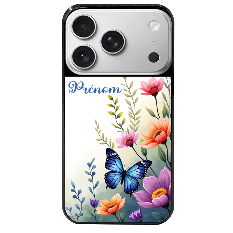 Coque noire taperso pour Iphone 17 17E AIR MAX PRO avec motif papillon prenom personnalisee protection antichoc personnalisée