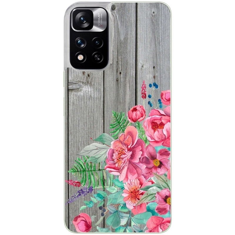 Coque taperso pour Redmi Note 12 4G 5G PRO 4G avec motif bois gris et fleur rose protection antichoc personnalisée