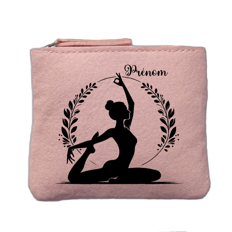 Porte monnaie personnalisé motif yoga zen rose clair en feutrine en feutrine