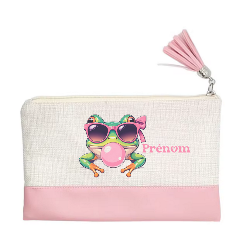 Pochette personnalisée motif grenouille bubble en toile et simili cuir personnalisée