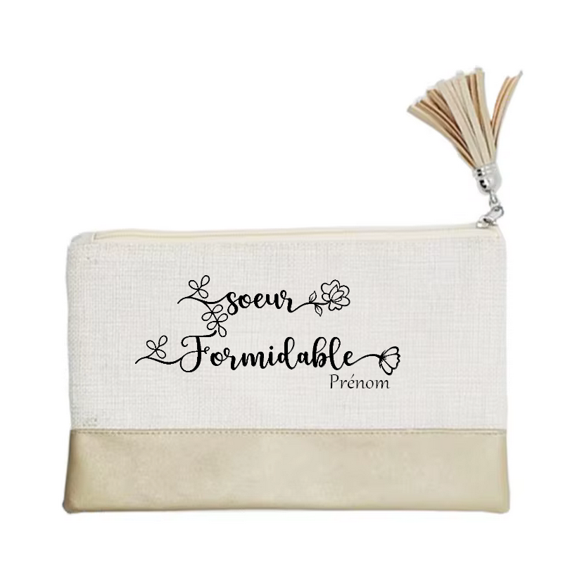 Pochette personnalisée motif soeur formidable en toile et simili cuir personnalisée
