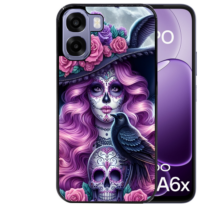 Coque noire taperso pour OPPO A6 A6X 4G et 5G avec motif tete de mort calavera et corbeau protection antichoc personnalisée