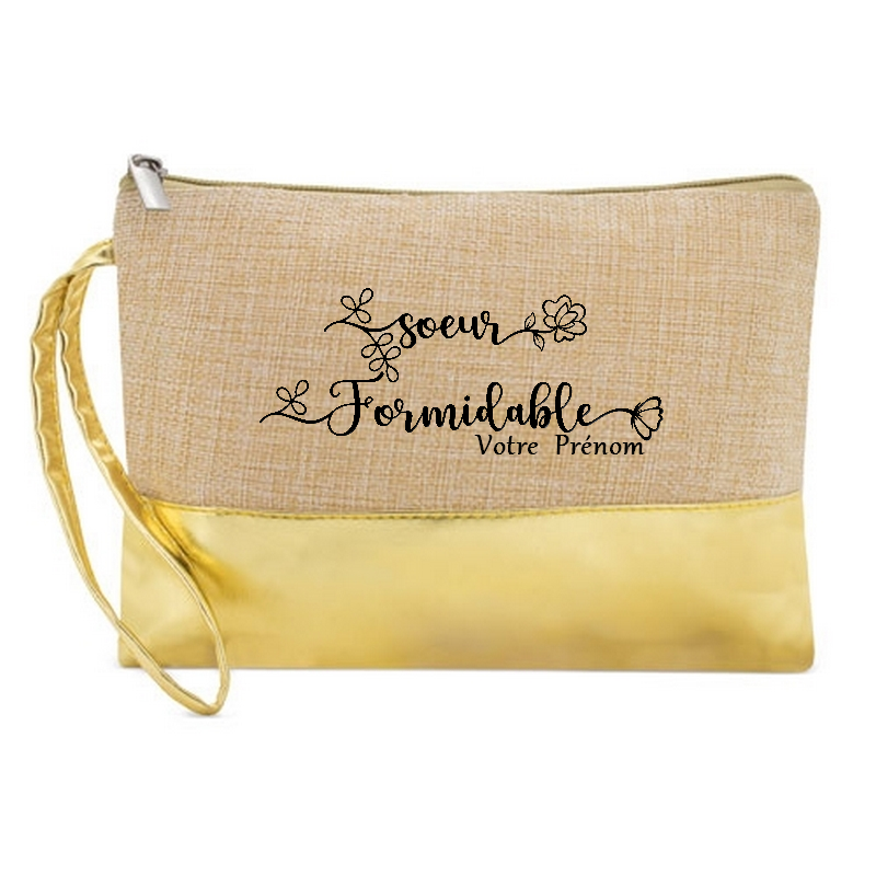 Pochette personnalisée soeur formidable en jute et doré en jute et doré