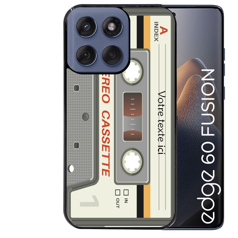 Coque noire taperso pour Moto Edge 60 et Neo Fusion Pro avec motif cassette grise personnalisable protection antichoc personnalisée