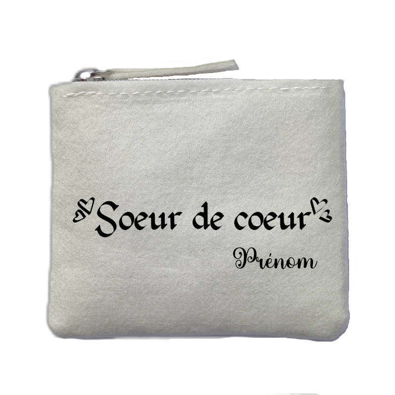 Porte monnaie personnalisé soeur de coeur ivoire en feutrine en feutrine ivoire