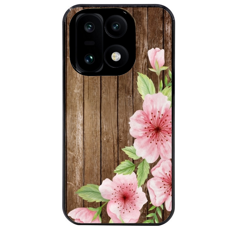 Coque noire taperso pour OnePlus 15 avec motif bois avec fleur rose protection antichoc personnalisée
