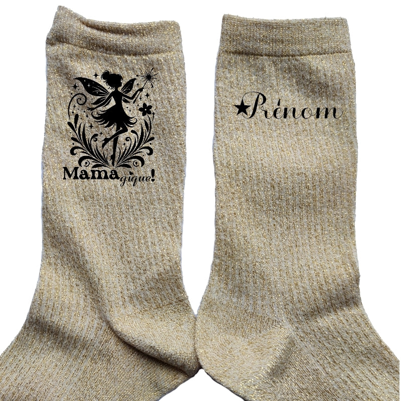 Chaussettes personnalisée paillettes doré motif maman magique