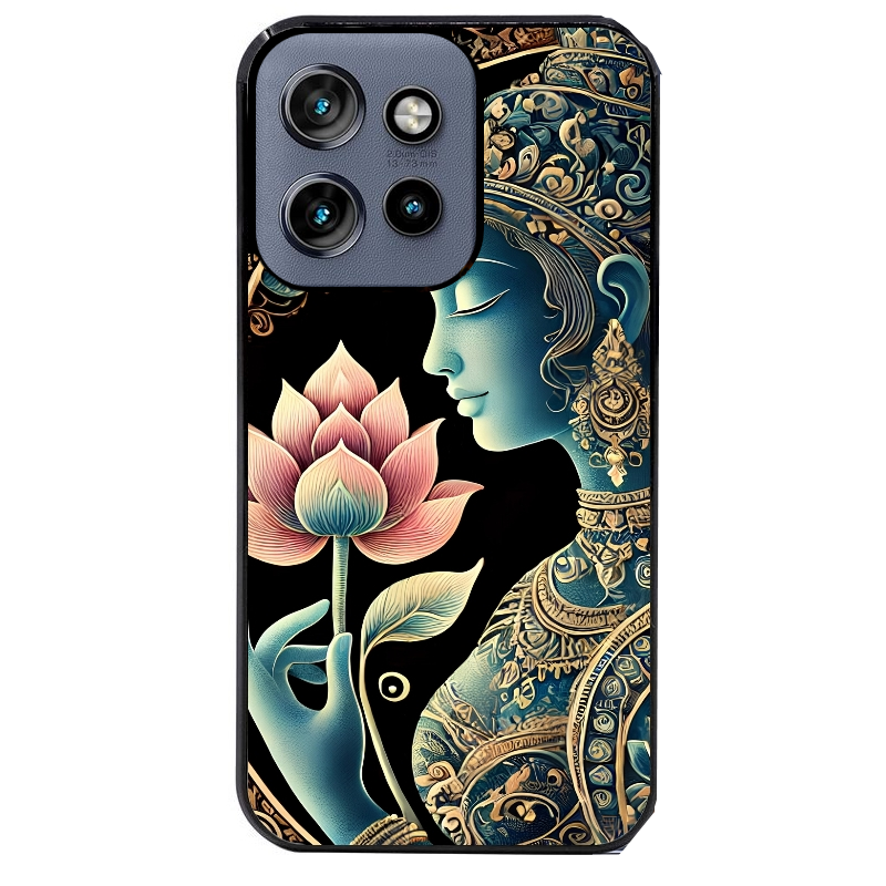 Coque noire taperso pour Moto Edge 60 et Neo Fusion Pro avec motif bouddha et lotus protection antichoc personnalisée