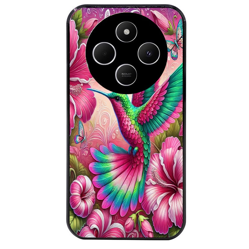 Coque noire taperso pour POCO C75 avec motif colibri et fleurs protection antichoc personnalisée
