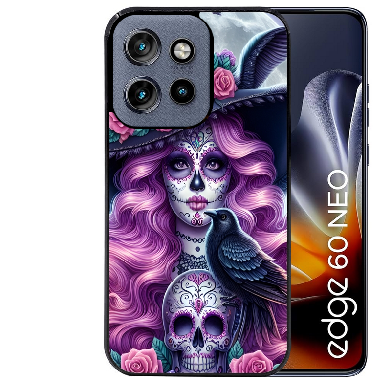 Coque noire taperso pour Moto Edge 60 et Neo Fusion Pro avec motif tete de mort calavera et corbeau protection antichoc personnalisée